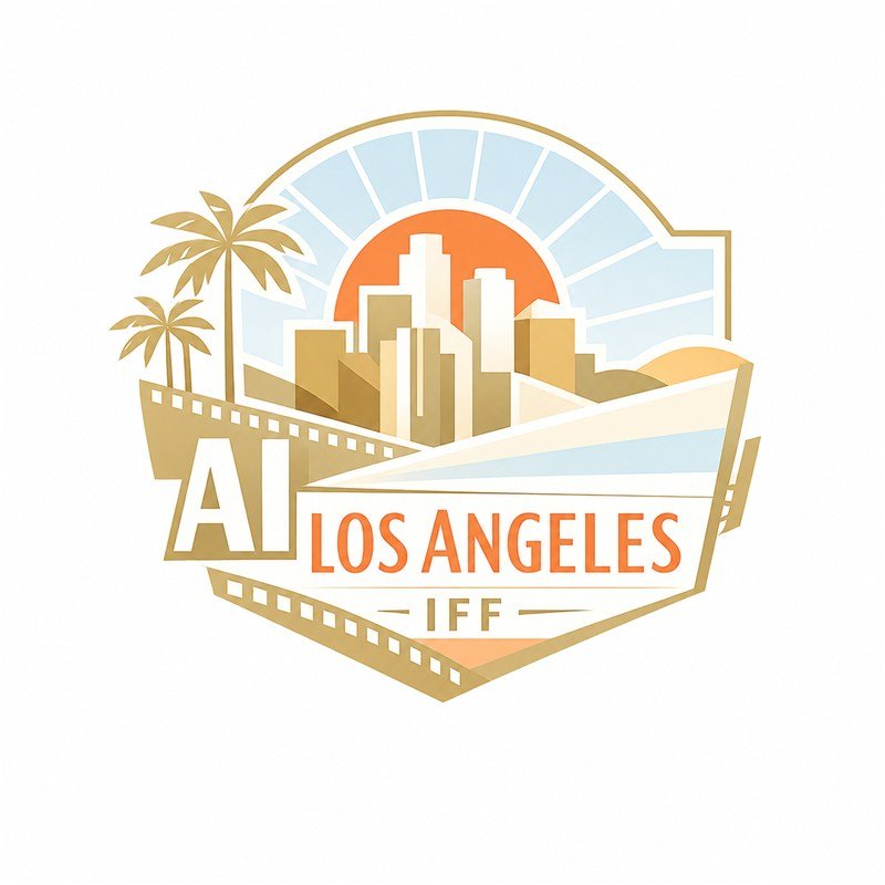 AI Los Angeles IFF emblem: downtown skyline, palm trees, and a setting sun